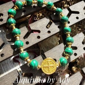 Malachite and Saint Benedict gold statement vintage style bracelet